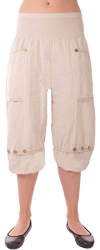 Eitex Damen große Größen Leinenhose 7/8 Caprihose Elegante 100% Leinen Übergröße Gr.34/36 bis Gr 50/52 mit Knopfapplikationen Shorts Kurze Hose leichte Sommerhose (beige, 38/40) von Eitex