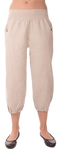 Eitex Damen große Größen Leinenhose 7/8 Caprihose Elegante 100% Leinen Übergröße Gr.34/36 bis Gr 50/52 mit Knopfapplikationen Shorts Kurze Hose leichte Sommerhose (beige2, 36/38) von Eitex