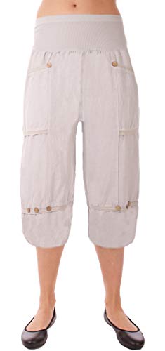 Eitex Damen große Größen Leinenhose 7/8 Caprihose Elegante 100% Leinen Übergröße Gr.34/36 bis Gr 50/52 mit Knopfapplikationen Shorts Kurze Hose leichte Sommerhose (hellgrau, 42/44) von Eitex