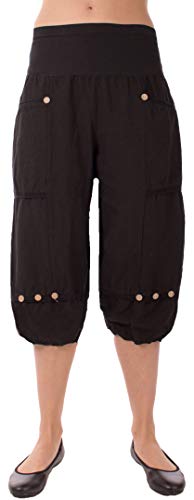 Eitex Damen große Größen Leinenhose 7/8 Caprihose Elegante 100% Leinen Übergröße Gr.34/36 bis Gr 50/52 mit Knopfapplikationen Shorts Kurze Hose leichte Sommerhose (schwarz, 36/38) von Eitex