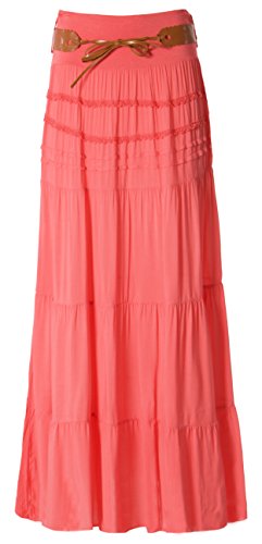 Eitex Zauberhafter Retro Maxirock Damen Sommer Rock Größe 34/36 bis Größe 50/52 verfügbar Langer Maxirock Strandrock Sommerock lang Gürtel Amber Boho Retro Maxirock (Koralle, 50/52) von Eitex