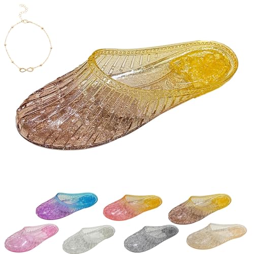 2025 Neue Jelly Shoes Women, Damen Hohl Flach Gelee Sandalen Ballett Weich Plastik Schuhe (DC888 Gelbbraun, Erwachsene, Damen, 36, Numerisch, EU Schuhgrößensystem, M) von Ejoyiso