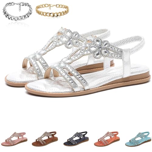 Ejoyiso Maxmana Orthopädische Boho Sandalen, 2.5 cm Dicke Glitzer T-Riemen Sommer Boho Style Kristalle Sandalen Damen (Weiß, Erwachsene, Damen, 42, Numerisch, EU Schuhgrößensystem, M) von Ejoyiso