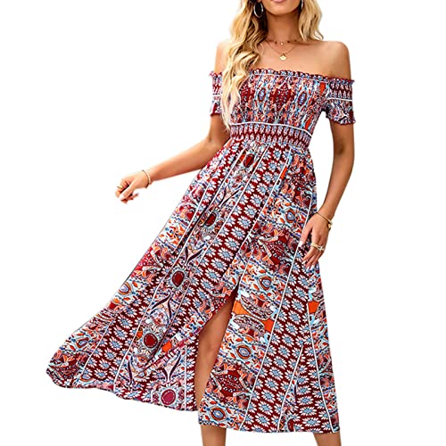 Damen Blümchenmuster Kleid, Schulterfreies Boho Strandkleid Maxikleid Lange Sommerkleid Freizeitkleid Hoher Taille A Linie Blumenkleid(XL-Burgund) von Ejoyous