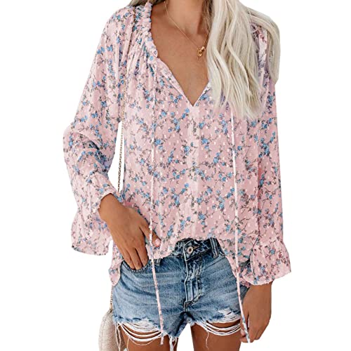 Damen Bluse V-Ausschnitt Langarm Tunika Frühling Sommer Vintage Boho Oberteile Shirts Tops Spitze Laternenärmel Lose Sweatshirt Langarmshirt (XL-Rosa) von Ejoyous