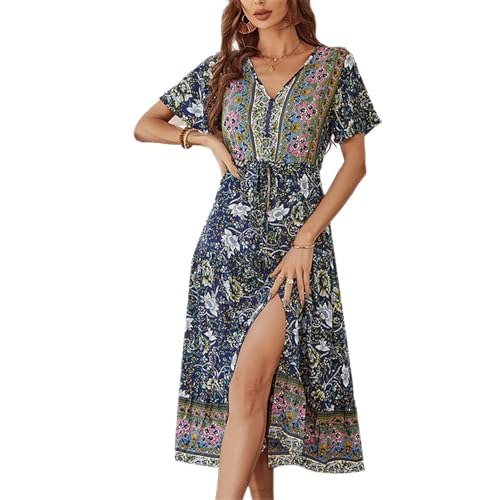 Damen Boho Sommerkleider, Blumen Kurzarm Strandkleider V-Ausschnitt Böhmisch Kleid Maxikleid Hohe Taille Lang Blumenkleid Freizeitkleid mit Knopf(L-Navy blau) von Ejoyous