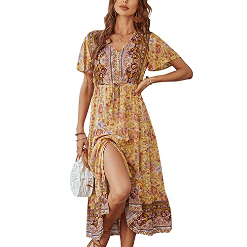 Damen Boho Sommerkleider, Blumen Kurzarm Strandkleider V-Ausschnitt Böhmisch Kleid Maxikleid Hohe Taille Lang Blumenkleid Freizeitkleid mit Knopf(XL-Gelb) von Ejoyous