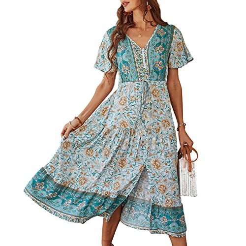 Damen Boho Sommerkleider, Blumen Kurzarm Strandkleider V-Ausschnitt Böhmisch Kleid Maxikleid Hohe Taille Lang Blumenkleid Freizeitkleid mit Knopf(m-Blau) von Ejoyous