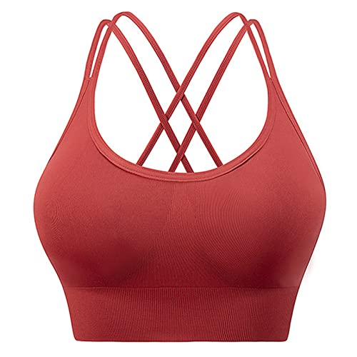 Damen Doppelter Kreuz-Träger ohne Bügel Bra-Einlage Yoga Sport BH Damen Sport-BH Cross Back Tank Top(L-Rot) von Ejoyous