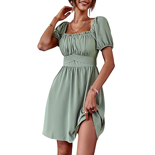 Damen Sommerkleid Krawattenkleid Rückenfreies Kleider Puffärmel A-Linie Quadratischer Ausschnitt Kurzes Elegantes Gekräuseltes Kurzes Kleid(M-Grün) von Ejoyous