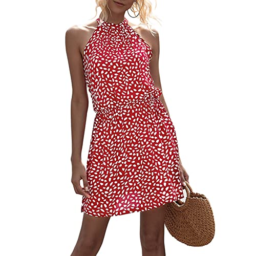 Damen Sommerkleid Neckholder Ärmellos Kleider Blumendruck Halfter Strand Böhmische Minikleid Baumwolle Kleid Knielang Cocktailkleid Strandkleid(S-rot) von Ejoyous