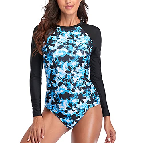 Ejoyous Damen-Badeanzug, Rashguard, Einteiler, Langarm, Bademode Frauen Zweiteiler Badeanzug Polyesterfaser(XXL-Blau) von Ejoyous