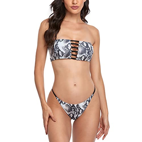 Ejoyous Damen Bikini Set Push Up Bandeau Bikini Oberteil High Cut Trägerlos Zweiteilig Bademode Badeanzug Leopard (S-Schlangendruck) von Ejoyous