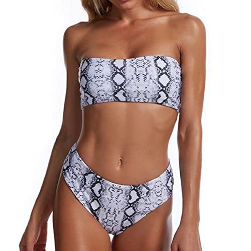 Ejoyous Damen Bikini Set Rückenfrei Bandeau Bikinioberteil Hohe Taille Zweiteilig Bademode Trägerloser Badeanzug(L-Schlangendruck) von Ejoyous