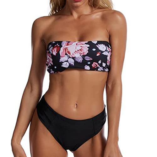 Ejoyous Damen Bikini Set Rückenfrei Bandeau Bikinioberteil Hohe Taille Zweiteilig Bademode Trägerloser Badeanzug(XL-Schwarzer Druck) von Ejoyous