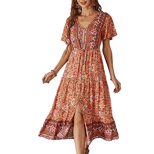 Damen Boho Sommerkleider, Blumen Kurzarm Strandkleider V-Ausschnitt Böhmisch Kleid Maxikleid Hohe Taille Lang Blumenkleid Freizeitkleid mit Knopf(S-Orange) von Ejoyous