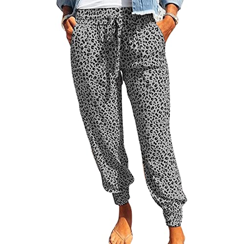 Ejoyous Damen Freizeithose Leopardenmuster Elastische Taillenhose Jogginghosen Sporthose Sommerhose Pumphose Haremshose Sweathose(L-Grau) von Ejoyous