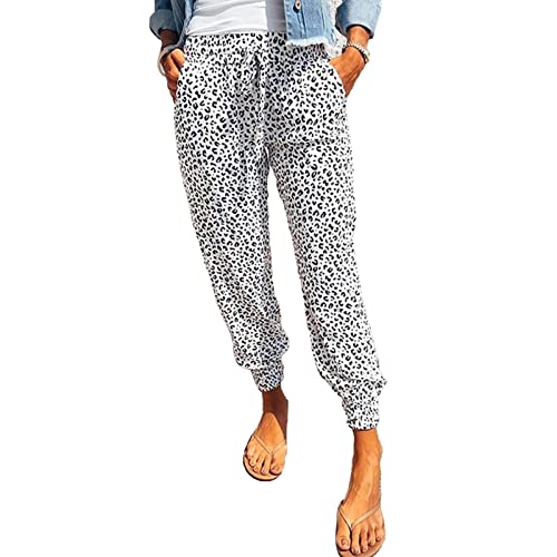 Ejoyous Damen Freizeithose Leopardenmuster Elastische Taillenhose Jogginghosen Sporthose Sommerhose Pumphose Haremshose Sweathose(m-Weiß) von Ejoyous