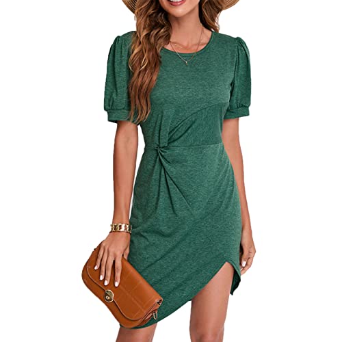 Ejoyous Damen-Kleid mit Kurzen Puffärmeln, Rundhalsausschnitt, Verdrehter, Unregelmäßiger Saum, Reine Farbe, Sommer-Freizeitkleid, Verdrehtes Sommerkleid für Den Alltag Büro Date Strandparty(XL-Grün) von Ejoyous