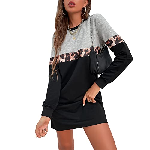 Ejoyous Damen Langarmkleid Damen Winter Lässig Lose Rundhals Nähte Langarm Über Knielänge Kleid Herbstkleid Lässig Loses Kleid(S-Schwarz) von Ejoyous