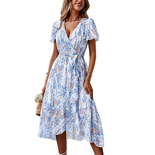 Ejoyous Damen Maxikleid mit Blumenmuster Wickelkleid mit V-Ausschnitt Boho Sommerkleider Blumen Kurzarm Strandkleider Midikleid mit Gürtel Hohe Taille(M-Weiß) von Ejoyous