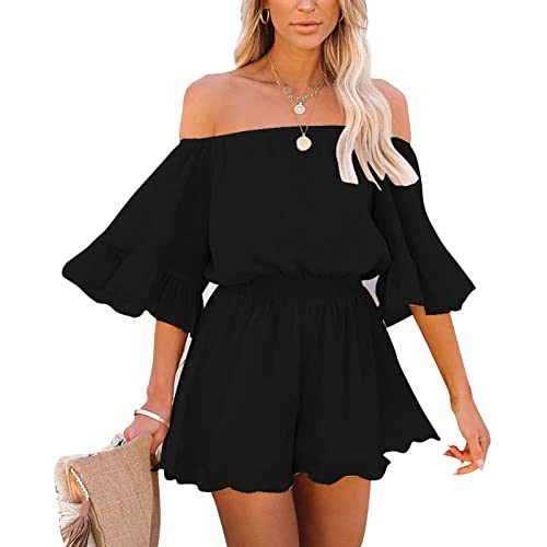 Ejoyous Damen Off Shoulder Jumpsuit Schulterfreier 3/4 Ärmel Chiffon Jumpsuit Kurz Playsuit Overal Elegant mit Rüschen Mini Playsuit Rückenfrei Boho Strand Rompers Bodysuit Strampler (XL-Schwarz) von Ejoyous