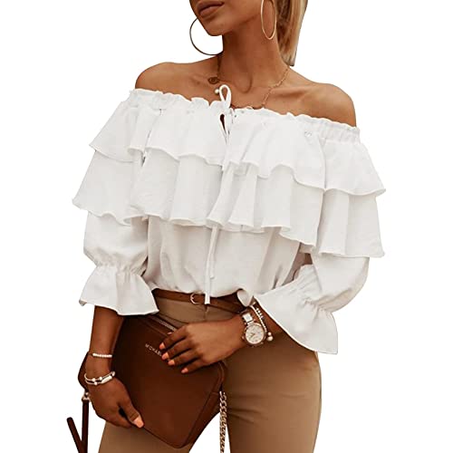 Ejoyous Damen Off Shoulder Oberteil mit LaternenäRmel Schulterfrei Bluse Sommer Casual Elegant Mehrlagiges Rüschen Langarm Hemdoberteil (L-Weiß) von Ejoyous