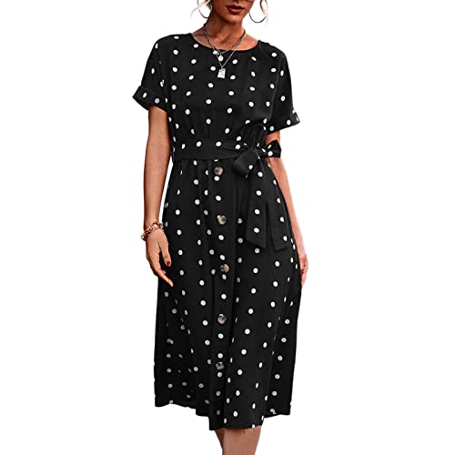 Ejoyous Damen Polka Dots Kurzarm Sommerkleid Taille Gürtel Rundhals Knopfleiste Kausal Midi Vintage Cocktailkleid(L-B HDlack) von Ejoyous