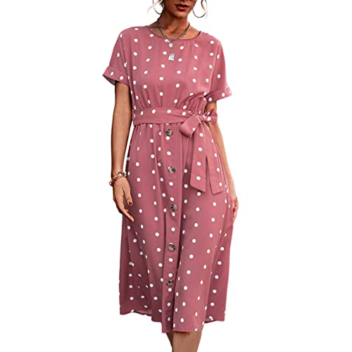 Ejoyous Damen Polka Dots Kurzarm Sommerkleid Taille Gürtel Rundhals Knopfleiste Kausal Midi Vintage Cocktailkleid(L-Rosa) von Ejoyous