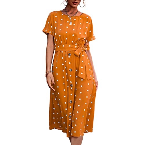 Ejoyous Damen Polka Dots Kurzarm Sommerkleid Taille Gürtel Rundhals Knopfleiste Kausal Midi Vintage Cocktailkleid(M-Gelb) von Ejoyous