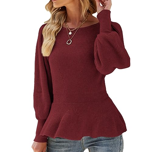 Ejoyous Damen Pullover Elegant Langer Puffärmel Strickpullover mit Rundhalsausschnitt Taille Strick Sweater Winter (S) von Ejoyous