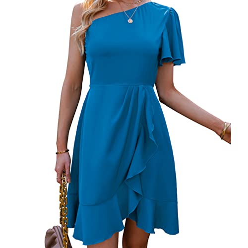 Ejoyous Damen Schleife One Shoulder Kleid, Sommerkleider Maxikleid Partykleid Abendkleider Schulterkleid Rüschen Schmetterlingsärmel (M-Himmelblau) von Ejoyous