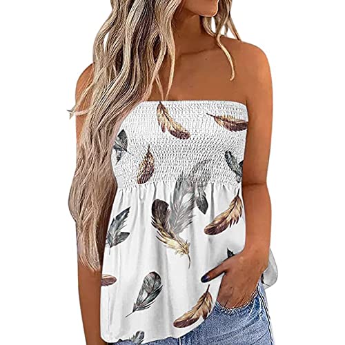 Ejoyous Damen Sexy Tube Top, Ärmellos Rückenfrei Oberteile Sommer Schulterfrei Bluse Tops Casual Elastic Strand Weste Bandeau (XL-Weiße Feder) von Ejoyous