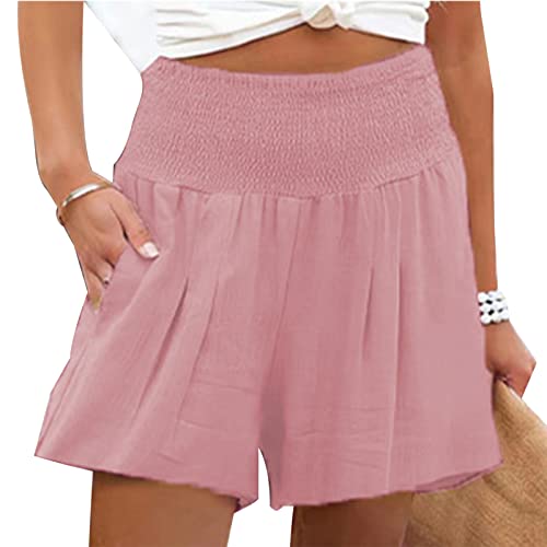 Ejoyous Damen Sommer Shorts Casual Kurze Hosen Tunnelzug Elastische Stoffhose Hotpants Baumwolle Leinen Strand Shorts mit Taschen Sommer Kurze Hose(XL-Rosa) von Ejoyous