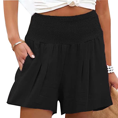 Ejoyous Damen Sommer Shorts Casual Kurze Hosen Tunnelzug Elastische Stoffhose Hotpants Baumwolle Leinen Strand Shorts mit Taschen Sommer Kurze Hose(XL-Schwarz) von Ejoyous