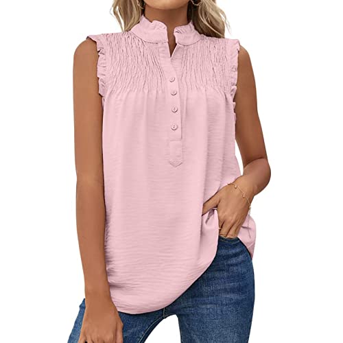 Ejoyous Damen-Sommer-Tanktop, Lässige Rüschenhemden, Lässige, ärmellose Polyester-Hemden, Maschinenwaschbare, Geknöpfte Weste, ärmelloses, Bequemes Schatzhemd, Maschinenwaschbar, 100%(XL-Rosa) von Ejoyous