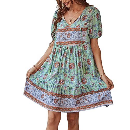 Ejoyous Damen Sommerkleid Kurzarm V-Ausschnitt Knielang, Blumenmuster Boho V-Ausschnitt(L-Grün) von Ejoyous