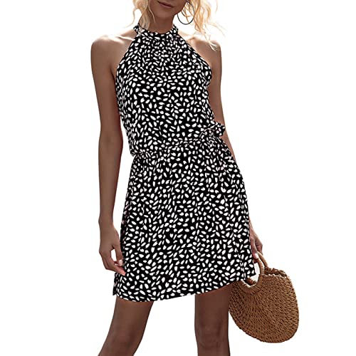 Ejoyous Damen Sommerkleid Neckholder Ärmellos Kleider Blumendruck Halfter Strand Böhmische Minikleid Baumwolle Kleid Knielang Cocktailkleid Strandkleid(XL-Schwarz) von Ejoyous