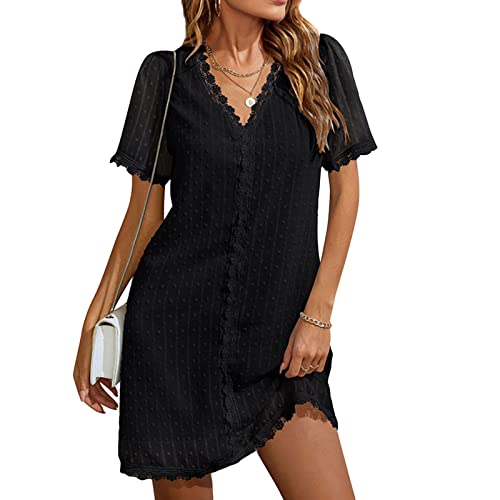 Ejoyous Damen Spitze Kleider Sommerkleid V-Ausschnitt Casual Kurzarm Swiss Dot Kleid Strandkleider Freizeitkleider Abendkleider Ballkleid Minikleid Spitzenkleid (L-Schwarz) von Ejoyous