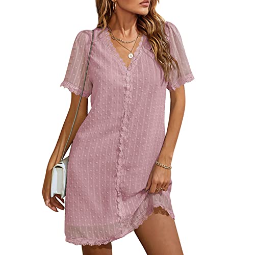 Ejoyous Damen Spitze Kleider Sommerkleid V-Ausschnitt Casual Kurzarm Swiss Dot Kleid Strandkleider Freizeitkleider Abendkleider Ballkleid Minikleid Spitzenkleid (S-Rosa) von Ejoyous