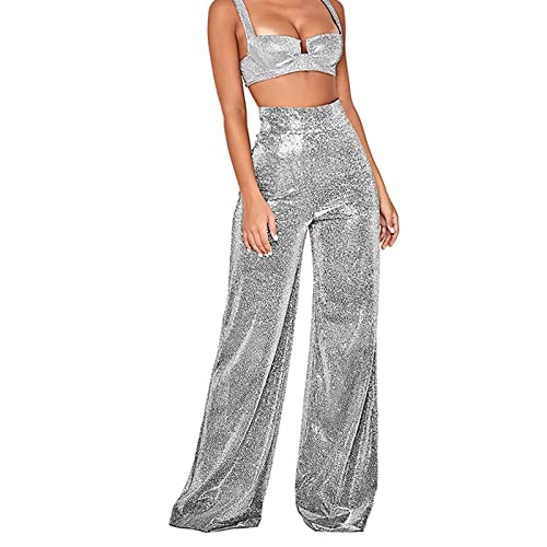 Ejoyous Frauen Hose mit weitem Bein Damenhose Casual Hosen Glitter Pailletten weites Bein hohe Taille gerade lange Hosen (M) von Ejoyous