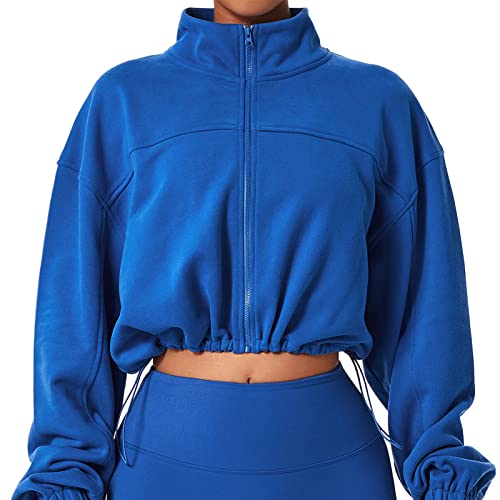 Ejoyous Kurz Geschnittene Yoga-Laufjacke für Damen, Lockere, Langärmlige Sportjacke mit Durchgehendem Reißverschluss, Stehkragen, Einfarbiges Activewear-Tunika-Oberteil, Sportliche(M 37-43-Blau) von Ejoyous