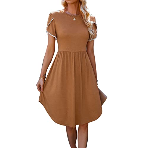 Midikleid Damen, Locker Lässig Wickelsaum Spitze Kurzarm Kleid Sommer Rundhals Kleid Rundhals Kleid mit Spitzenärmeln Plissee Swing Lässiges Midikleid für Dating Party Urlaub(L-Erdiges Gelb) von Ejoyous