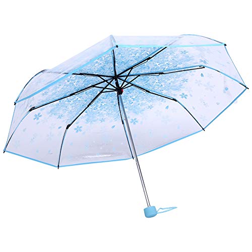 Ejoyous Taschenschirm Transparenter Regenschirm mit Blumen, Sakura Taschenschirm Prinzessinnenschirm Muster Blumen Leicht Durchsichtig Windfest Reiseschirm Durchmesser 93 cm (Blau) von Ejoyous