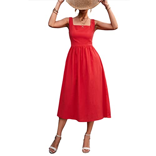 Frauen Sommer Kleid mit Eckigem Ausschnitt, ärmelloses Boho Spaghetti Träger Maxikleid Modischer Eleganter Reißverschluss Lockerer Lässiger Träger Langes Strandkleid für Partys(XL-Rot) von Ejoyous