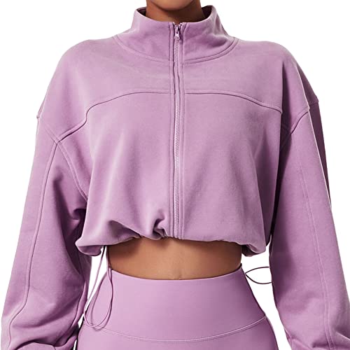 Kurz Geschnittene Yoga-Laufjacke für Damen, Lockere, Langärmlige Sportjacke mit Durchgehendem Reißverschluss, Stehkragen, Einfarbiges Activewear-Tunika-Oberteil, Sportliche(S 33-36-Taro-Purpur) von Ejoyous