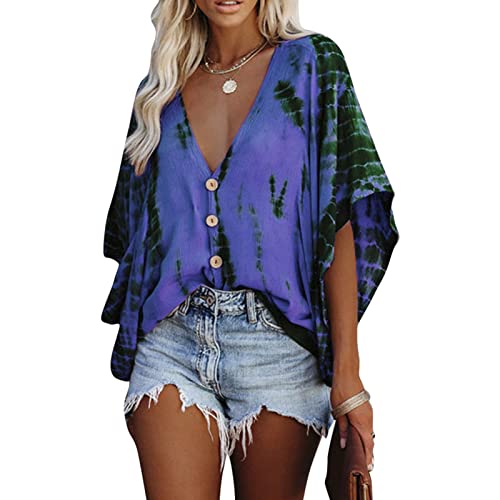 Tie Dye Print Fledermausärmel V-Ausschnitt Top Damen Sommer Fledermaus Kurzarm Chiffon T-Shirt Bluse, Fledermaus Chiffon Top für Frauen Kurzarm Tie Dye Print Fledermausärmel(XL-Navy blau) von Ejoyous