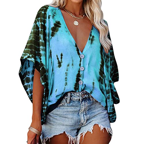 Tie Dye Print Fledermausärmel V-Ausschnitt Top Damen Sommer Fledermaus Kurzarm Chiffon T-Shirt Bluse, Fledermaus Chiffon Top für Frauen Kurzarm Tie Dye Print Fledermausärmel V-Ausschnitt(L-Blau) von Ejoyous