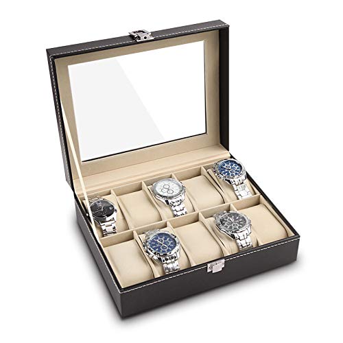 Ejoyous Uhrenbox 20 Uhren, Uhrenkasten Uhrenschatulle Schmuck Aufbewahrung Box Raster Kunstleder abschließbar Organizer Herren Luxus-Uhrengehäuse mit herausnehmbaren Kissen von Ejoyous