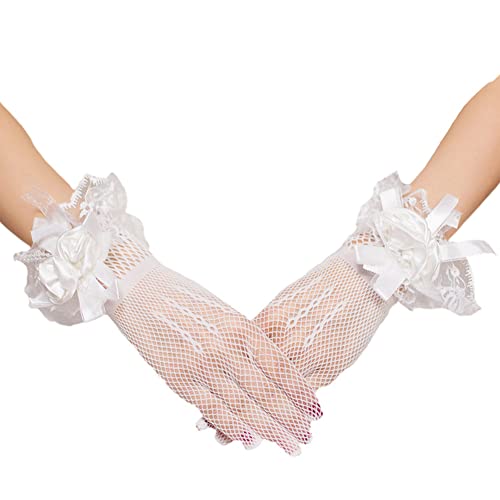 Ekakashop Damen Spitzenhandschuhe, Vintage Fischnetz Handschuhe Fraun Elegante Spitze Fäustlinge Blumen Braut Handschuhe Hochzeit Netz Handschuhe Party Abendhandschuhe für Hochzeit Kleid,Weiß von Ekakashop